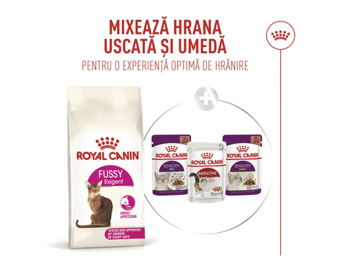 Royal Canin Logo, kombinácia granúl Fussy Exigent a mokrého krmiva Sensory a Instinctive pre mačky.
