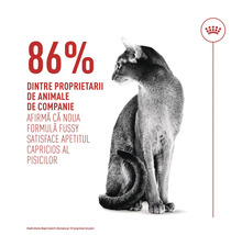 Sediaca mačka vedľa textu: 86 percent majiteľov potvrdzuje, že receptúra Fussy uspokojuje vyberavé mačky. Royal Canin Logo.