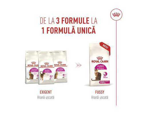 Royal Canin Logo a infografika zobrazujúca prechod z troch variantov suchého krmiva Exigent na jednu novú receptúru Fussy Exigent.