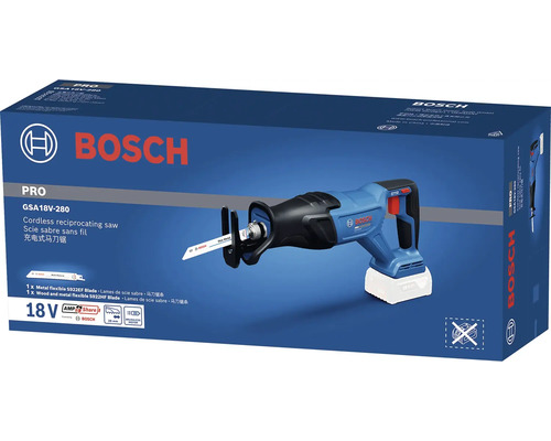 Akumulátorová chvostová píla Bosch GSA 18 Volt-280 Professional, originálne balenie s vyobrazením produktu.