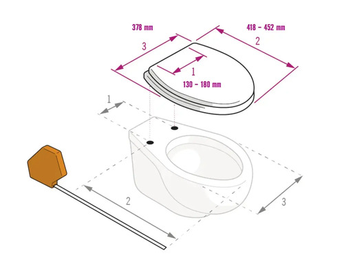 Nákres pre toaletné sedadlo a misu so šírkou 378 milimetrov, dĺžkou 418 až 452 milimetrov a rozstupom otvorov 130 až 180 milimetrov.