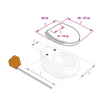 Technický nákres WC sedadla: šírka 363 milimetrov, dĺžka 426 až 437 milimetrov, rozstup otvorov 70 až 170 milimetrov.