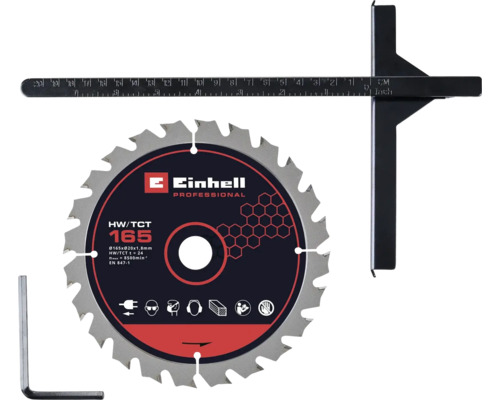 Pílový kotúč Einhell Professional s priemerom 165 milimetrov, paralelným dorazom a šesťhranným kľúčom.