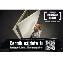 Hornbach Logo. Montážny servis pre interiérové dvere: Remeselník nesie dverné krídlo a zárubňu.