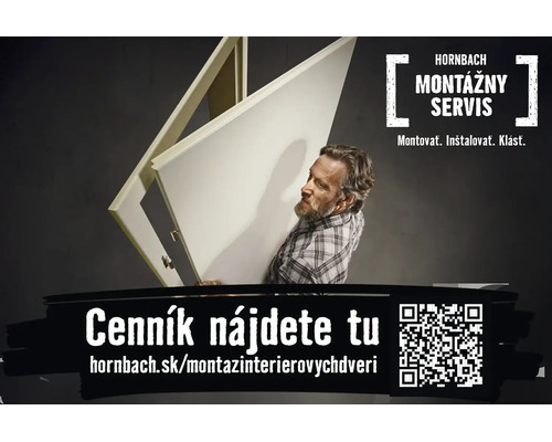 Hornbach Logo. Montážny servis pre interiérové dvere: Remeselník nesie dverné krídlo a zárubňu.
