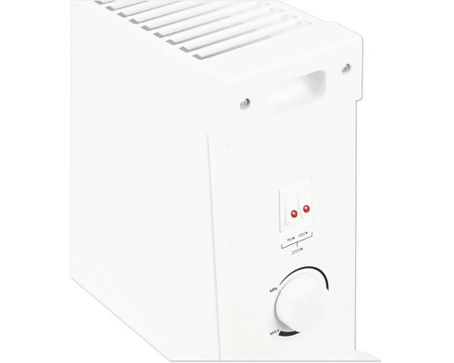 Biely konvektor s dvoma spínačmi pre 750 Watt a 1250 Watt a plynulým regulátorom termostatu.