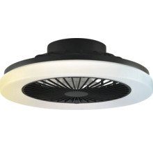 Moderný stropný ventilátor s integrovaným LED svetelným kruhom a čiernym krytom.