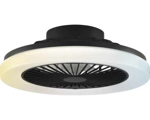 Moderný stropný ventilátor s integrovaným LED svetelným kruhom a čiernym krytom.
