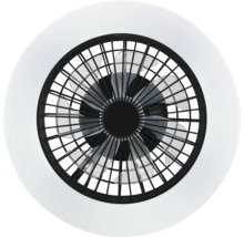 Moderný stropný ventilátor s LED osvetlením, pohľad zdola s lopatkami za ochrannou mriežkou a okrúhlym svetelným prstencom.
