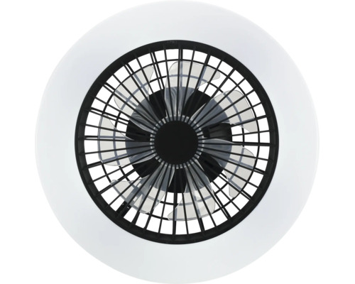 Moderný stropný ventilátor s LED osvetlením, pohľad zdola s lopatkami za ochrannou mriežkou a okrúhlym svetelným prstencom.