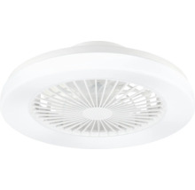 Okrúhly stropný ventilátor v bielej farbe s integrovaným LED svetelným krúžkom a ochrannou mriežkou.