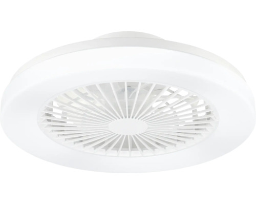 Okrúhly stropný ventilátor v bielej farbe s integrovaným LED svetelným krúžkom a ochrannou mriežkou.
