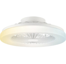 Okrúhly biely stropný ventilátor s integrovaným svetelným kruhom a nastaviteľnou teplotou farieb.