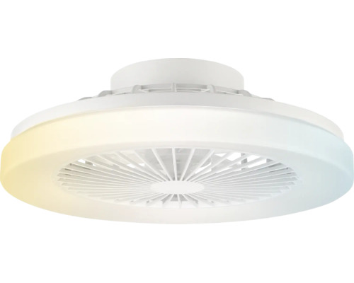 Okrúhly biely stropný ventilátor s integrovaným svetelným kruhom a nastaviteľnou teplotou farieb.