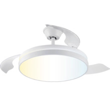 Okrúhly stropný ventilátor s integrovaným LED osvetlením a výsuvnými lopatkami, biely.