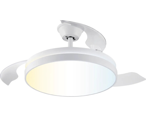 Okrúhly stropný ventilátor s integrovaným LED osvetlením a výsuvnými lopatkami, biely.