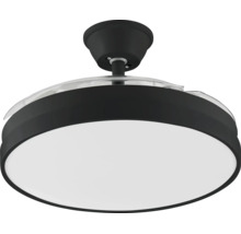 Moderný stropný ventilátor s integrovaným LED svietidlom, čiernym krytom, bielym difúzorom a zaťahovacími plastovými lopatkami.