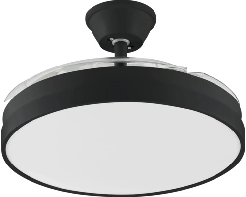 Moderný stropný ventilátor s integrovaným LED svietidlom, čiernym krytom, bielym difúzorom a zaťahovacími plastovými lopatkami.