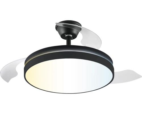 Moderný stropný ventilátor s LED osvetlením, okrúhly čierny kryt a priehľadné lopatky.