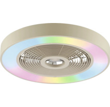 Moderný okrúhly stropný ventilátor s integrovaným RGB LED osvetlením a kruhovou mriežkou.