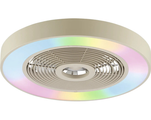Moderný okrúhly stropný ventilátor s integrovaným RGB LED osvetlením a kruhovou mriežkou.