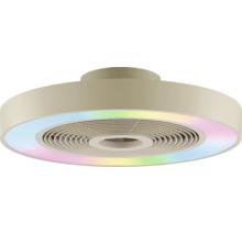 Plochý, okrúhly stropný ventilátor s integrovaným LED svetelným prstencom v dúhových farbách a skrytými lopatkami.