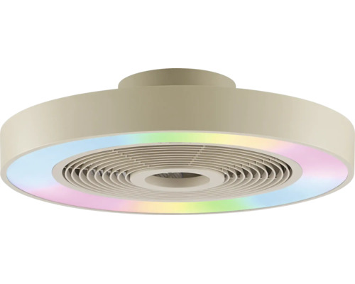 Plochý, okrúhly stropný ventilátor s integrovaným LED svetelným prstencom v dúhových farbách a skrytými lopatkami.