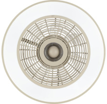 Okrúhly stropný ventilátor s integrovaným LED svetlom a kruhovou ochrannou mriežkou, pohľad zdola.