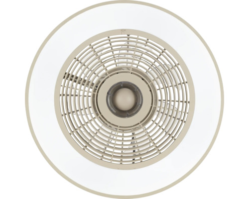 Okrúhly stropný ventilátor s integrovaným LED svetlom a kruhovou ochrannou mriežkou, pohľad zdola.