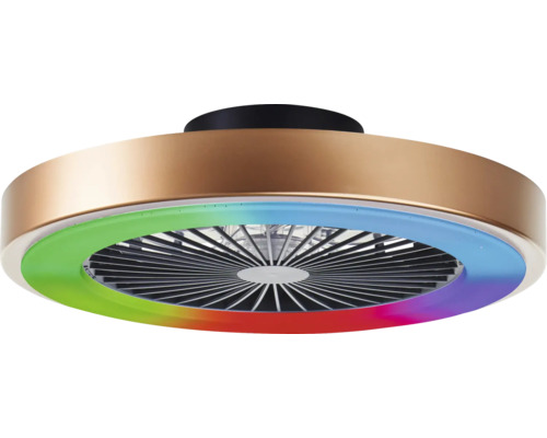 Okrúhly bronzový stropný ventilátor s čiernym držiakom, integrovaným LED osvetlením a funkciou zmeny farieb.