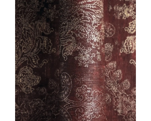 Štruktúrovaná záclonová látka s klasickým vzorom paisley a kvetinovými ornamentmi.