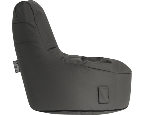 Sivý sedací vak v tvare kresla s vysokým operadlom a bočným vreckom. Sitting Point Logo.