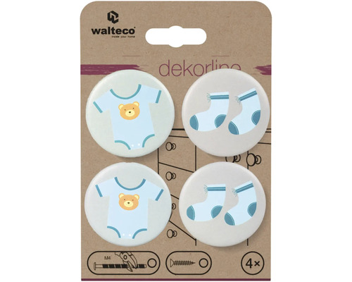 Walteco Logo. Súprava 4 okrúhlych nábytkových gombíkov Dekorline, motívy s detským body a medvedíkom a ponožkami, vrátane skrutiek M4.
