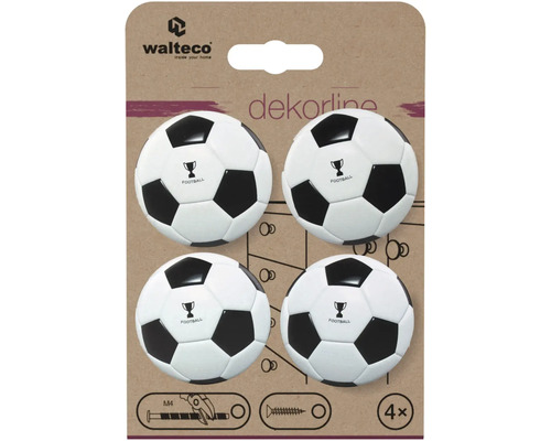 Walteco Logo. Nábytkové úchytky s motívom futbalovej lopty, sada štyroch kusov, vrátane skrutiek M4 pre zásuvky a skrinky.
