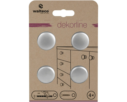 4 okrúhle strieborné nábytkové gombíky Dekorline so závitom M4, Walteco Logo.