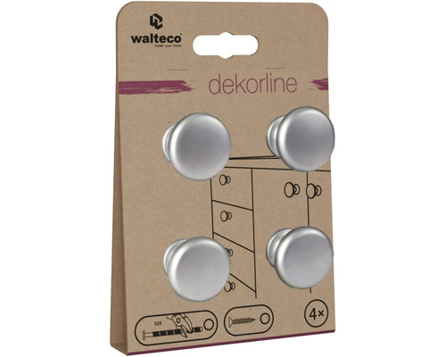 Sada štyroch okrúhlych nábytkových gombíkov Walteco dekorline v striebornej farbe, vhodné pre skrutky M4.