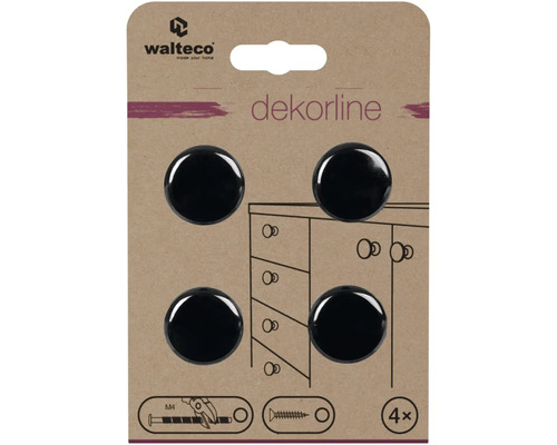 Walteco Logo. Nábytkové gombíky Walteco dekorline, 4 kusy, okrúhle, čierne, pre závit M4.