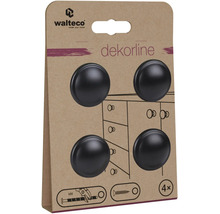 Walteco Logo, 4 okrúhle čierne nábytkové gombíky dekorline na kartónovom obale, vhodné pre závit M4.