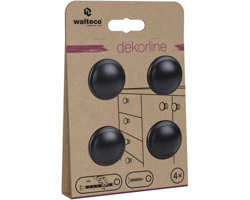 Walteco Logo, 4 okrúhle čierne nábytkové gombíky dekorline na kartónovom obale, vhodné pre závit M4.