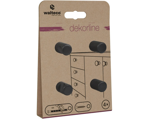 Nábytkové gombíky Walteco Dekorline, súprava 4 kusov, valcovité, čierne.