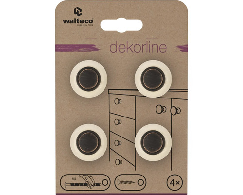 Walteco Logo. Štyri okrúhle nábytkové gombíky dekorline, bronz a krém.
