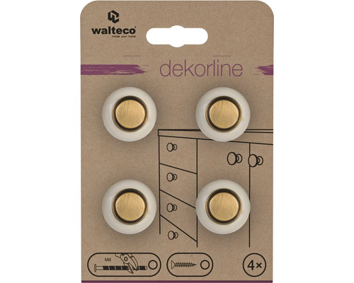 Sada 4 nábytkových gombíkov Walteco Dekorline, okrúhle, biely porcelán s mosadznou vložkou. Walteco Logo.