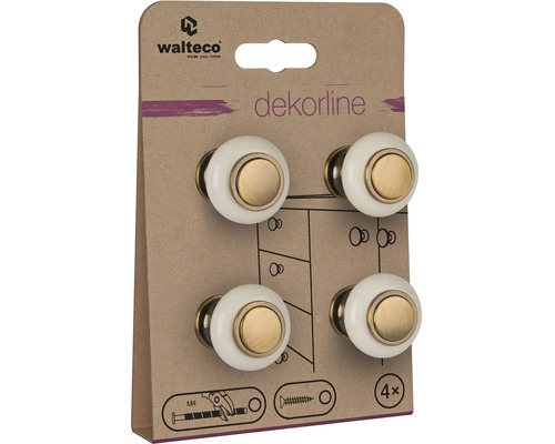 Sada 4 nábytkových gombíkov Walteco dekorline z bielej keramiky a mosadze, okrúhle, vrátane skrutiek M4.