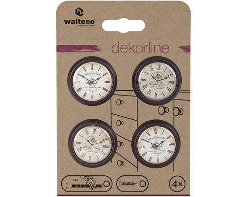 Nábytkové gombíky Walteco dekorline, sada 4 kusov, dizajn vintage hodiny, okrúhle s rímskymi číslicami.