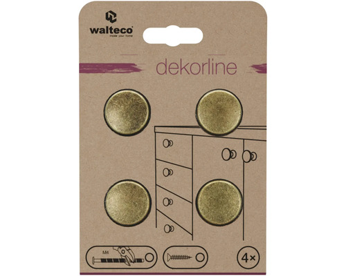 Walteco Logo, Walteco súprava štyroch okrúhlych nábytkových gombíkov Dekorline, mosadz starožitná, vrátane skrutiek M4.