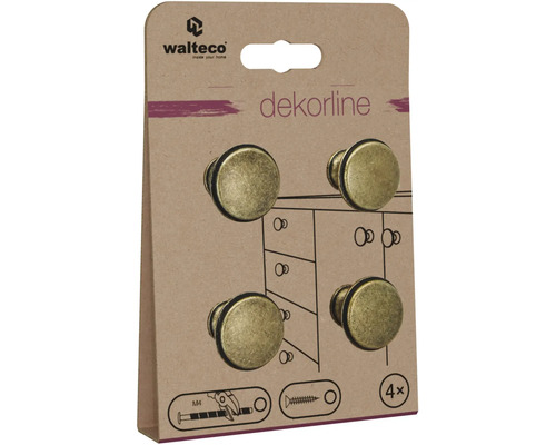 Logo Walteco, štyri okrúhle nábytkové gombíky v antickom dizajne v balení.
