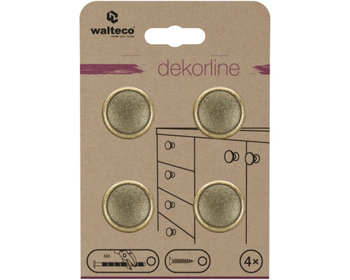 Walteco Logo, dekorline, štyri okrúhle nábytkové gombíky v antickom štýle so štruktúrovaným povrchom na kartónovom obale.