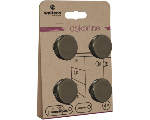 Sada 4 okrúhlych nábytkových úchytiek s vrúbkovaným okrajom pre skrine a zásuvky, Walteco dekorline, závit M4.
