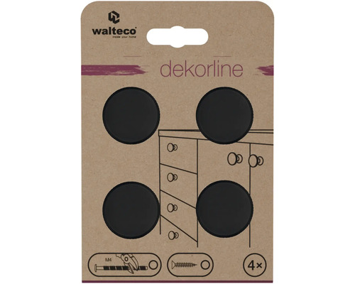 Walteco Logo. Štyri okrúhle čierne nábytkové gombíky z radu Dekorline. Vhodné pre skrutky M4. Balenie so štyrmi kusmi.