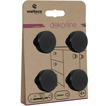 Štyri čierne okrúhle nábytkové gombíky Walteco zo série dekorline s vrúbkovaným okrajom vrátane skrutiek.